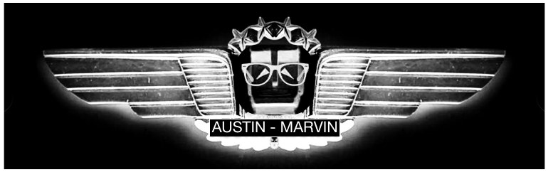 The Austin Marvin wings badge: chrome wings around a small robot face with a crown of stars, over the name