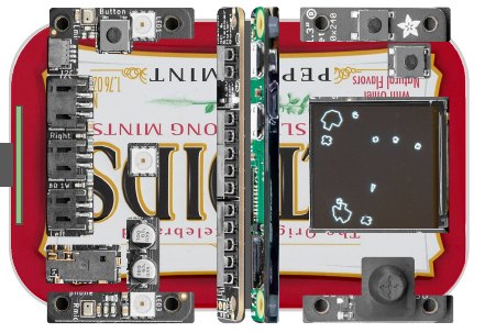 The Austin Marvin prototype: a Raspberry Pi Zero, bonnets and wiring fitted inside an open mint tin