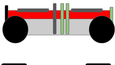 Plan drawing: the tin from above with a wheel on each side