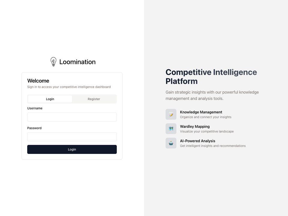 The eLOOMination app sign-in screen, titled Competitive Intelligence Platform