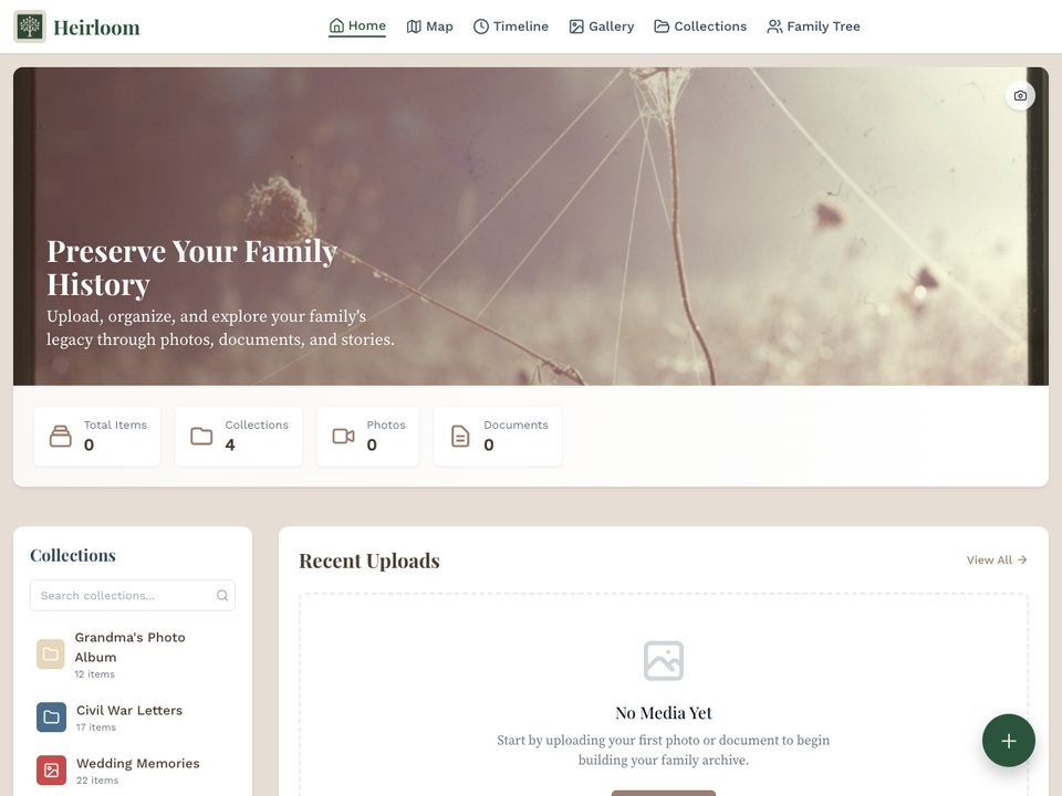 The heirLOOM app home page