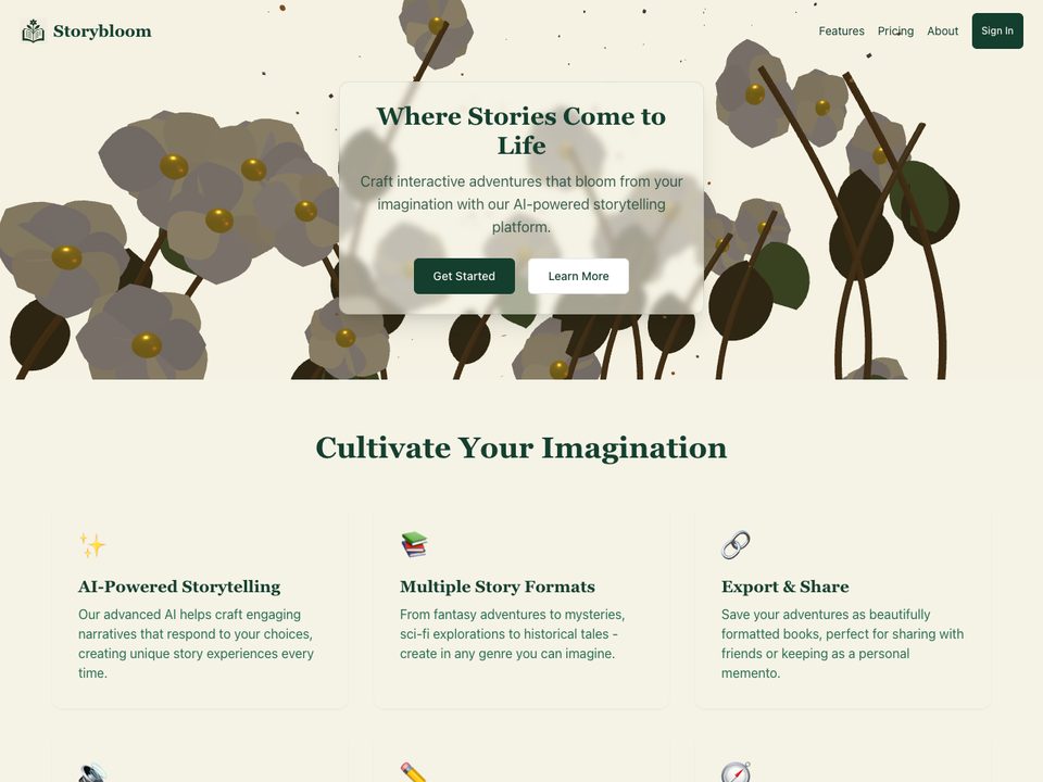 The storybLOOM app home page, Where Stories Come to Life, with a flower illustration